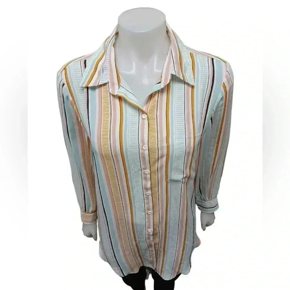 Violet + Claire Hi  Lo Long Sleeve Striped Button Down Blouse Top Size Large - Picture 3 of 10